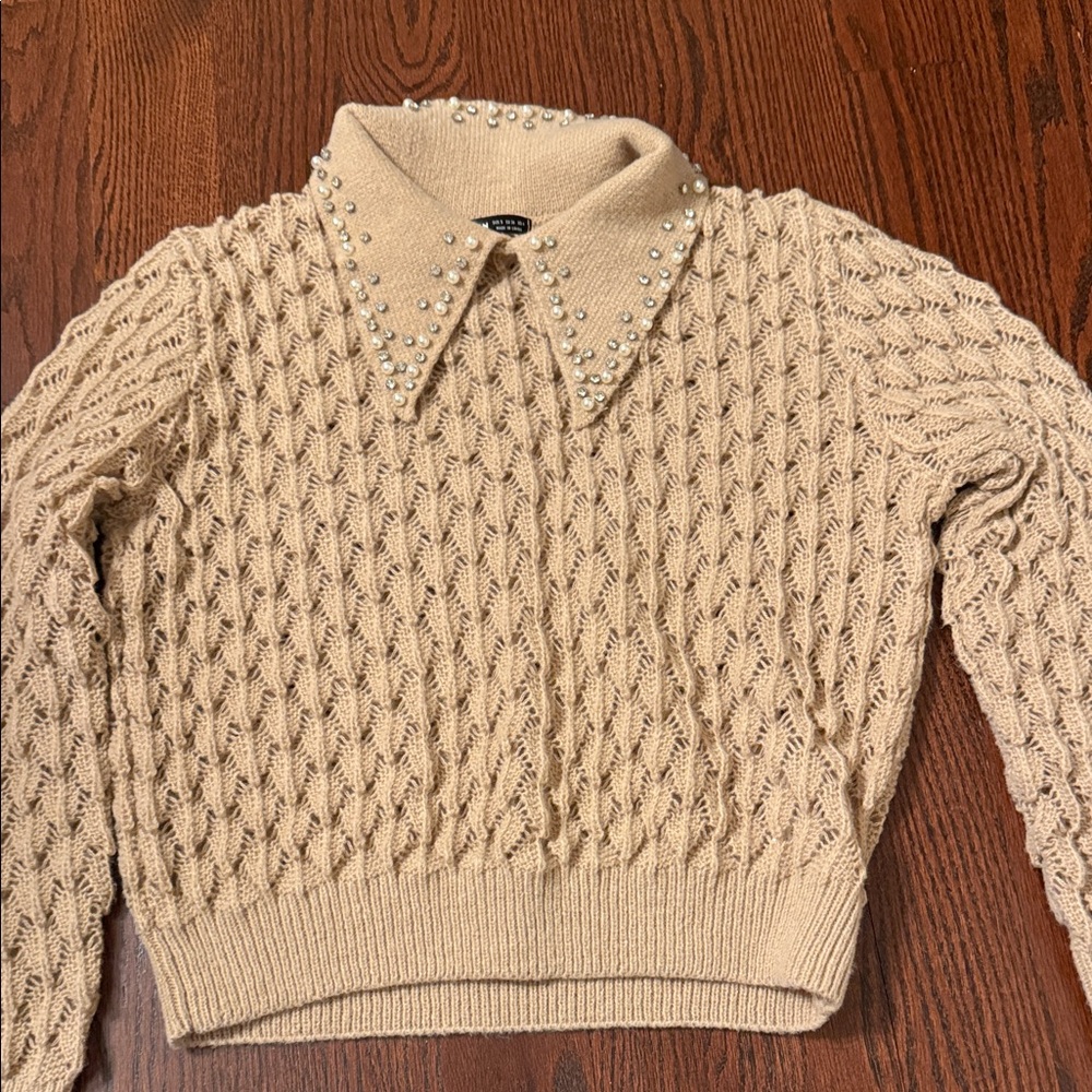 Beige Knit Sweater with Embellished Collar